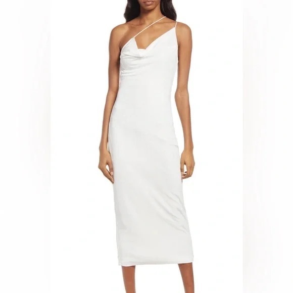 MISHA Saira Slinky Asymmetrical Drape Midi Dress in White NWOT - Picture 2 of 9